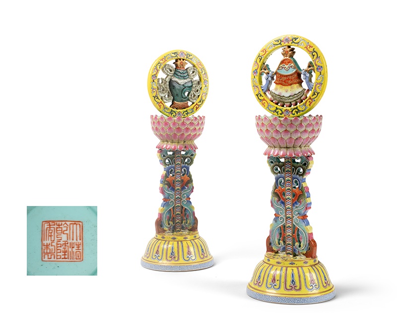 PAIR OF FAMILLE ROSE BUDDHIST TEMPLE STANDS
